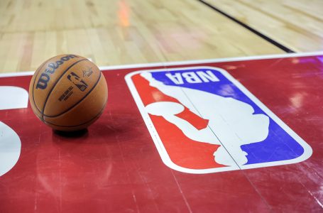 LAS VEGAS, NEVADA – JULY 07: A basketball is placed on the court next to an NBA logo during a break in the first half of a 2023 NBA Summer League game between the Portland Trail Blazers and the Houston Rockets at the Thomas & Mack Center on July 07, 2023 in Las Vegas, Nevada. NOTE TO USER: User expressly acknowledges and agrees that, by downloading and or using this photograph, User is consenting to the terms and conditions of the Getty Images License Agreement. (Photo by Ethan Miller/Getty Images)