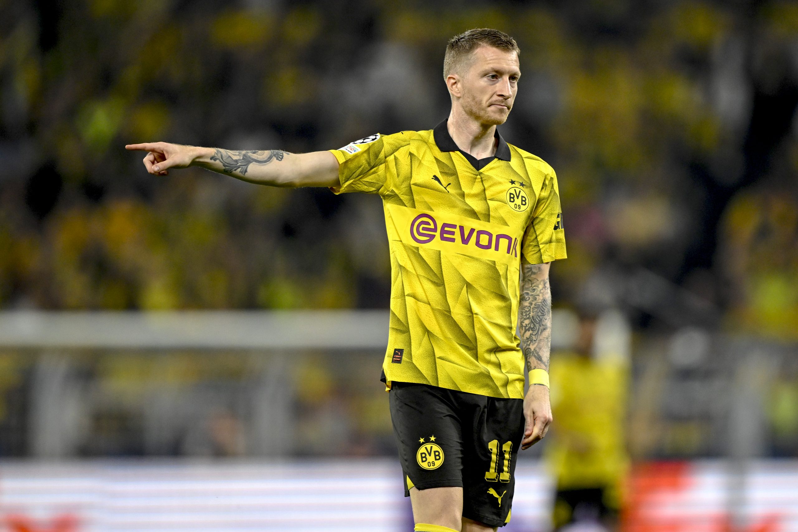 DORTMUND, GERMANY – MAY 1: Marco Reus of Borussia Dortmund reacts during the UEFA Champions League semi-final first leg soccer match between Borussia Dortmund and Paris Saint-Germain at Signal Iduna Park on May 1, 2024 in Dortmund, Germany. (Photo by Hendrik Deckers/Borussia Dortmund via Getty Images)