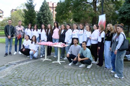 Studentët shpërndajnë lule e ëmbëlsira ngjyrë rozë